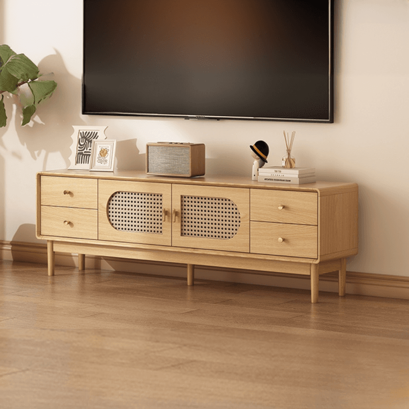 Solid+Engineered Wood TV Stand with 4 Drawers, 2 Cabinets, Cable Management, and Variable Shelf