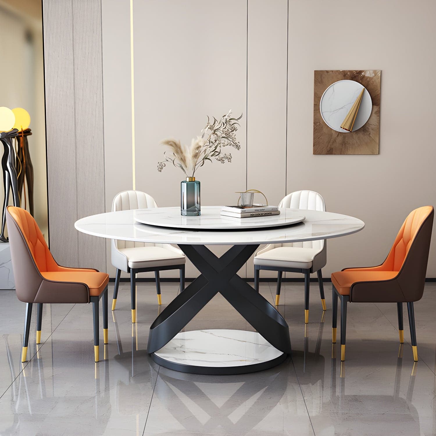 Modern Round Stone Top Lazy Susan Dining Table with Black Steel Pedestal thumbnail 2
