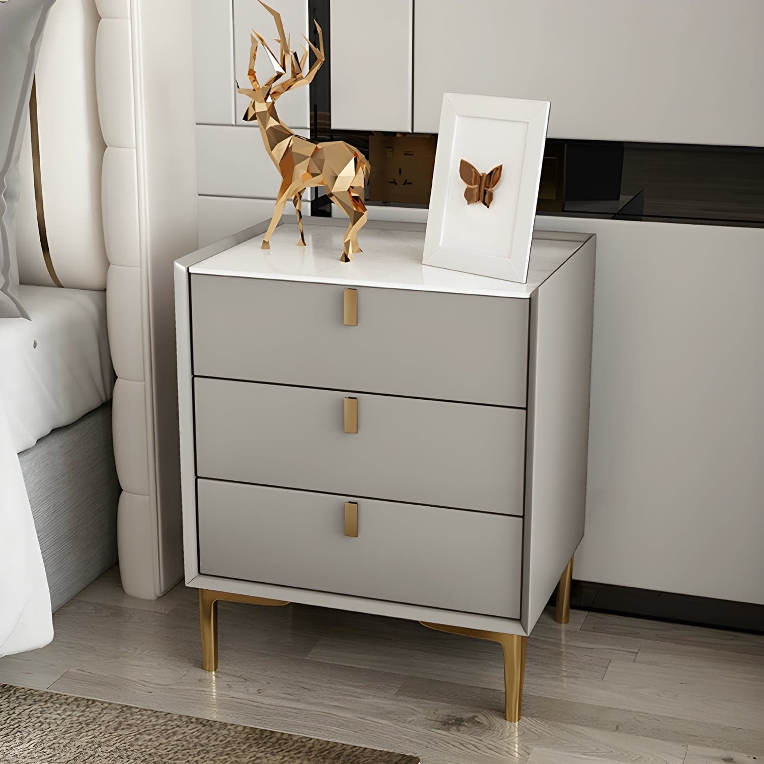 Glam Style Sintered Stone Top 3-Drawer Nightstand with Legs for Bedroom thumbnail 6