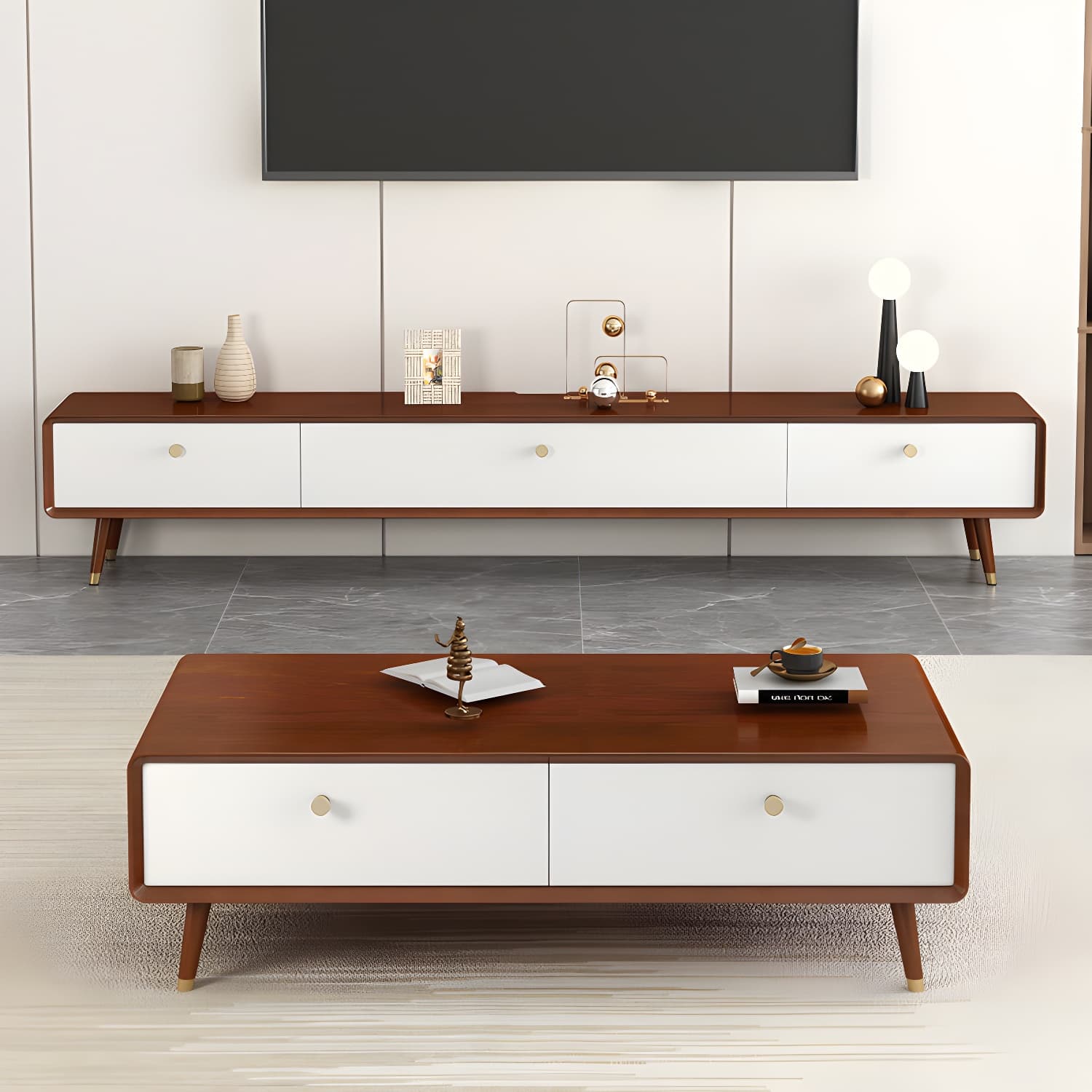 Solid Wood 13.78" H TV Stand Nordic 2 Drawers TV Stand Console thumbnail 8