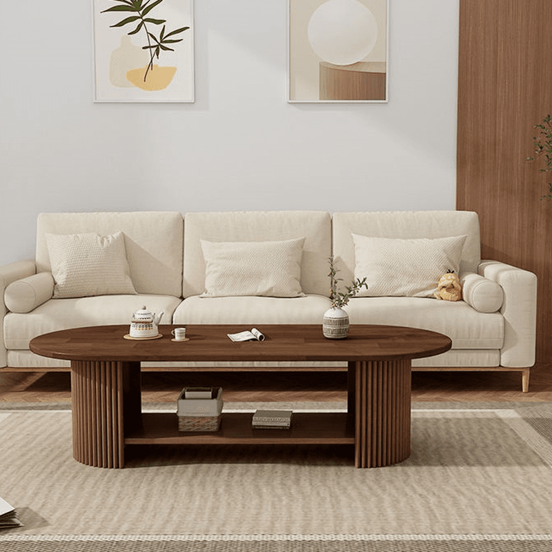 Oval Natural Wood Coffee Table with Twin Support Base, Repository, and 1 Shelf thumbnail 3