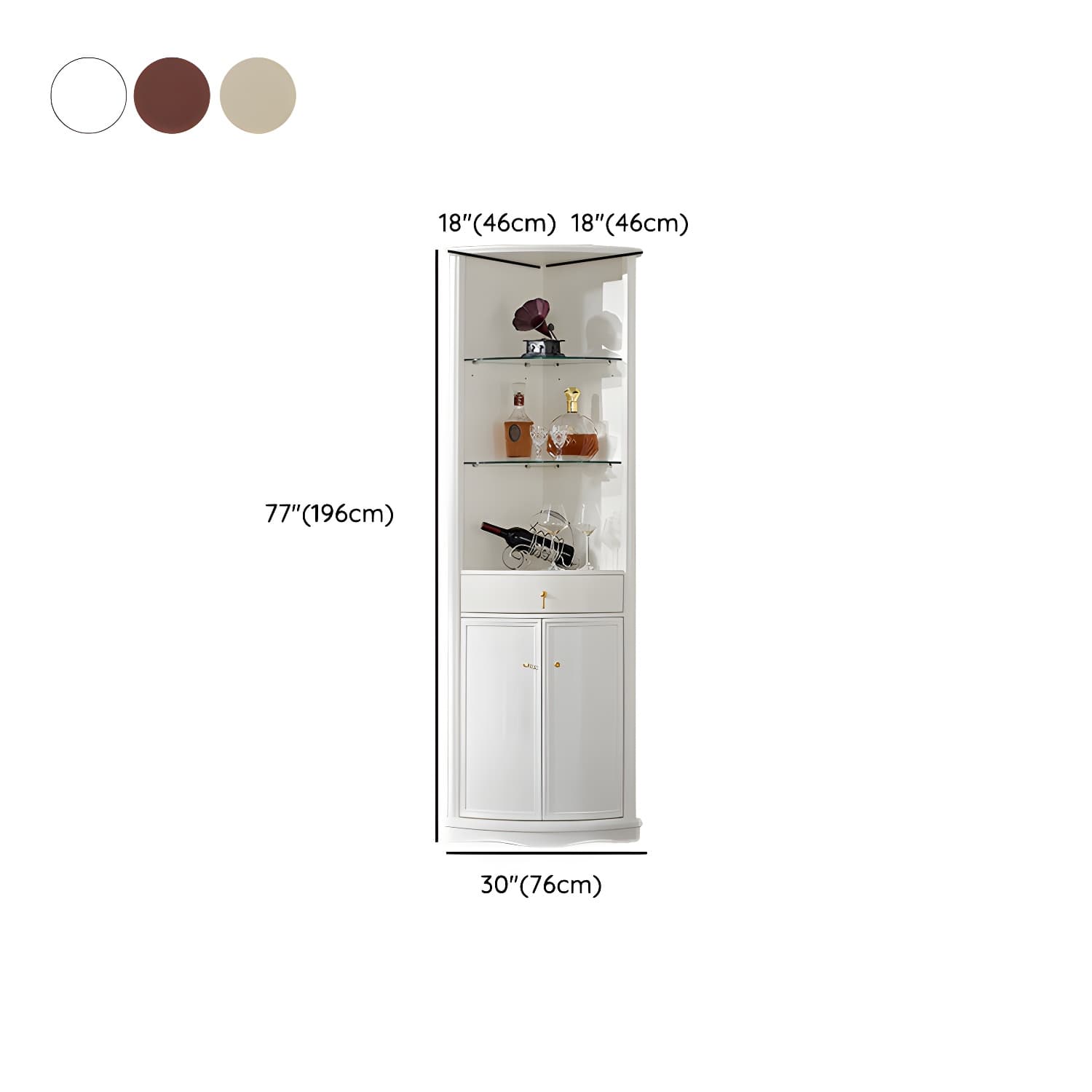 Corner Mid-Century Modern Accent Cabinet with Wood Countertop, Glass Doors, and Drawers Included thumbnail 16