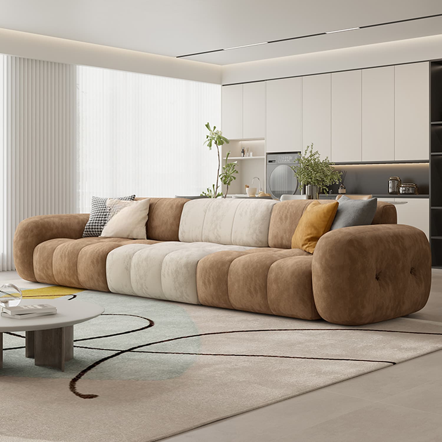 Channel Back L-Shape/Straight Right Hand Facing/Horizontal Sofa Recliner/Sofa Couch in Brown/Beige with Concealed Support & Pine Wood Frame for Living Room thumbnail 1