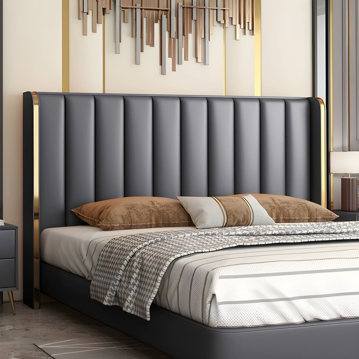 Modern Upholstered Leather Wingback Headboard with Wood Legs and Rectangular Shape thumbnail 8