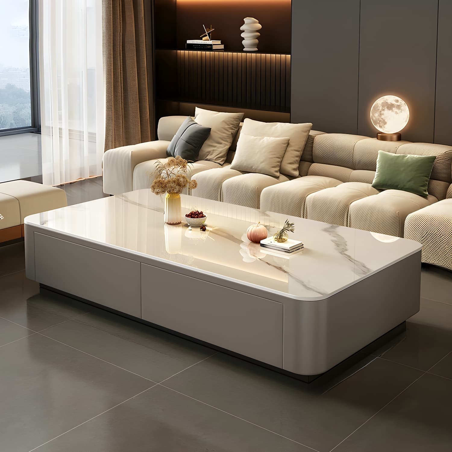 Modern Style Stone Top Steel Base Block Coffee Table with 4 Drawers Rectangular Shape thumbnail 1