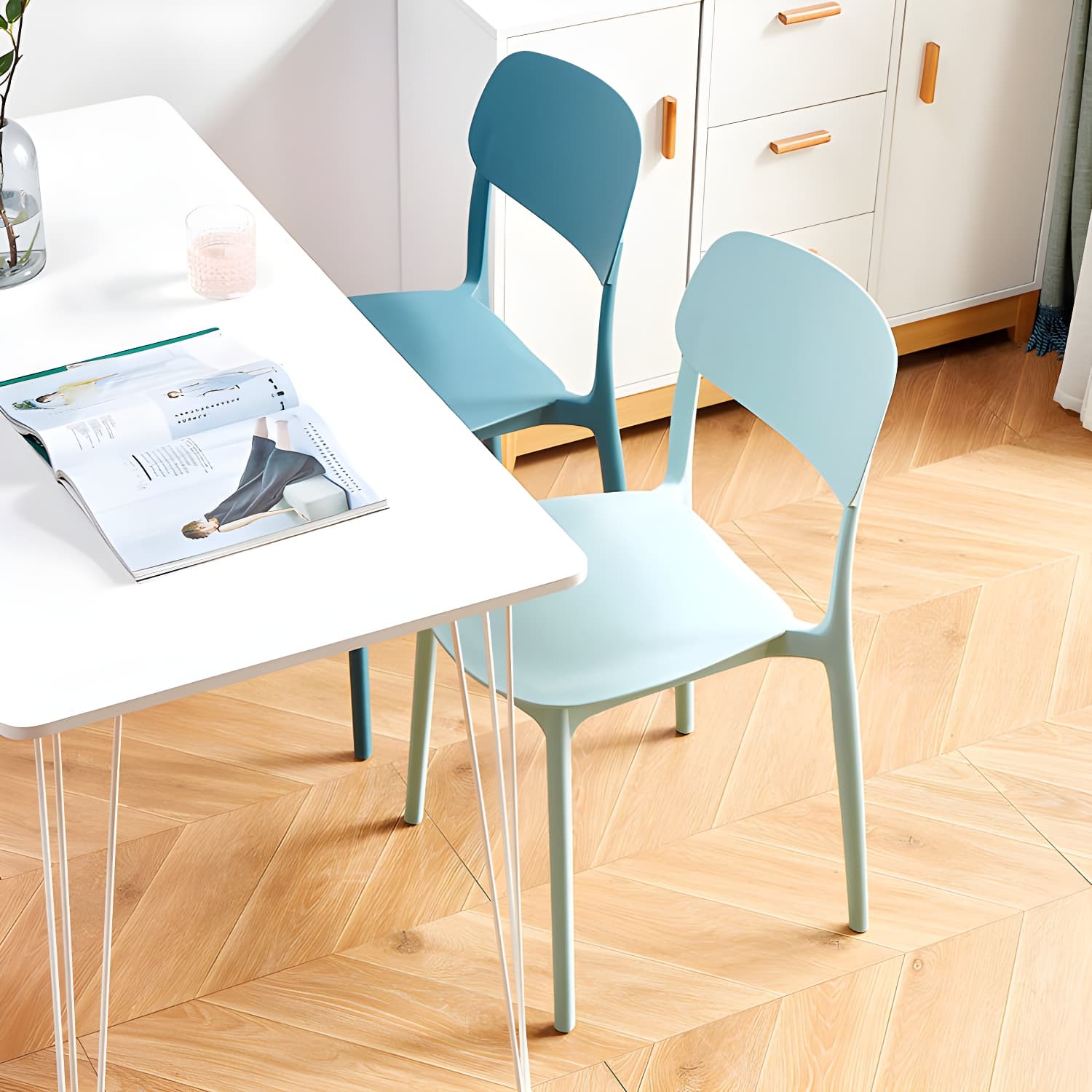 Scandinavian Stackable Armless Dining Chairs Plastic Open Back Dining Side Chair thumbnail 23