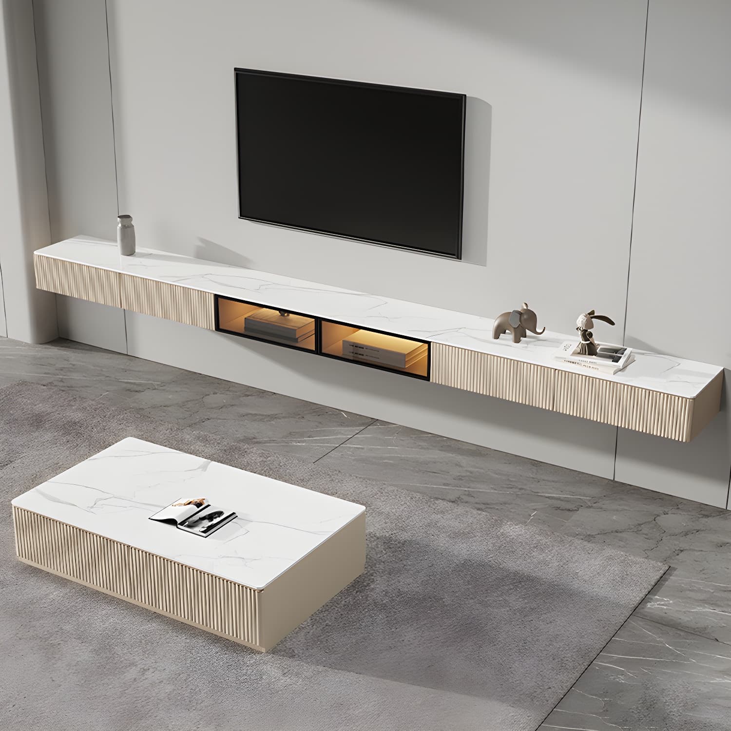 Glam Wall-mounted TV Media Stand Slate Top Wood Frame with Storage thumbnail 1