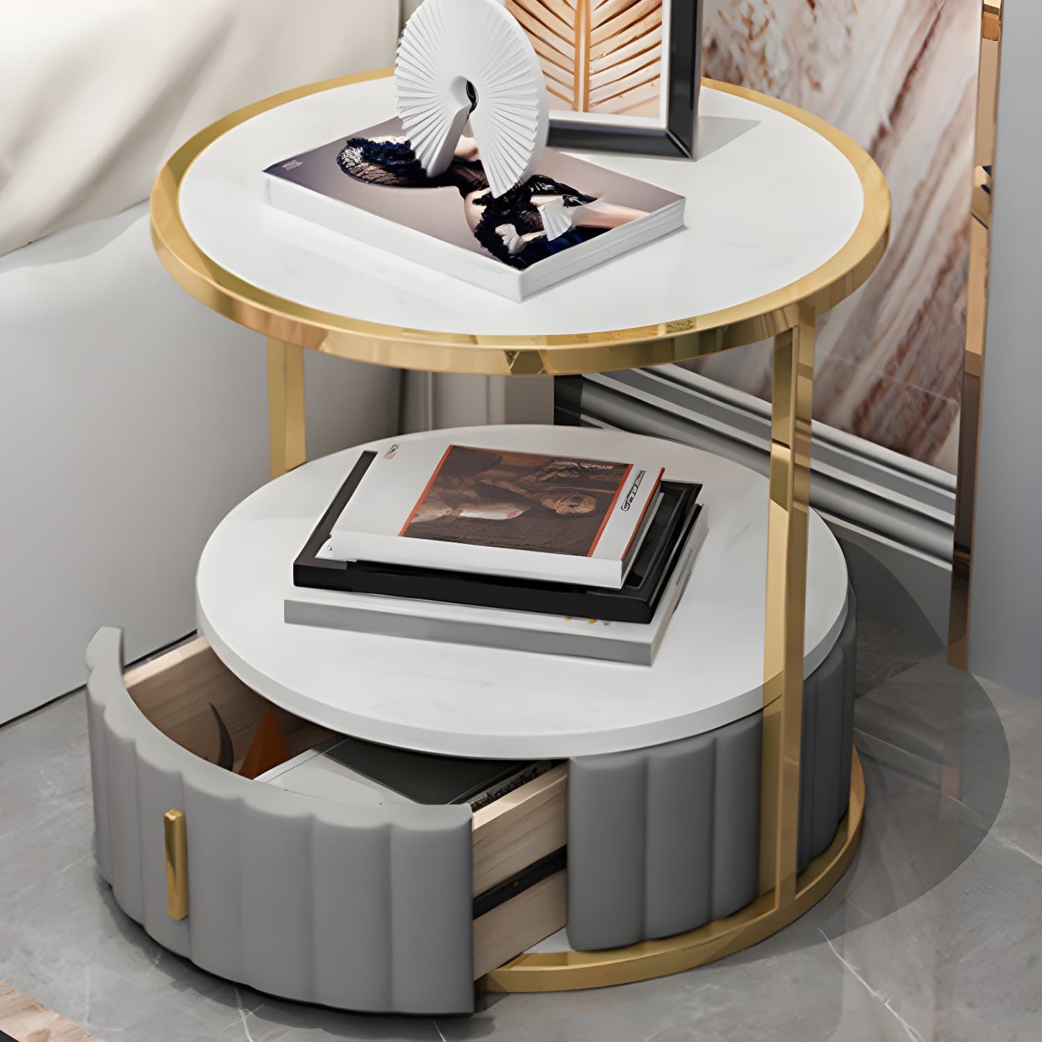 Modern Open Storage Nightstand Stone Top 20 Inch Tall 1-Drawer Night Table thumbnail 7