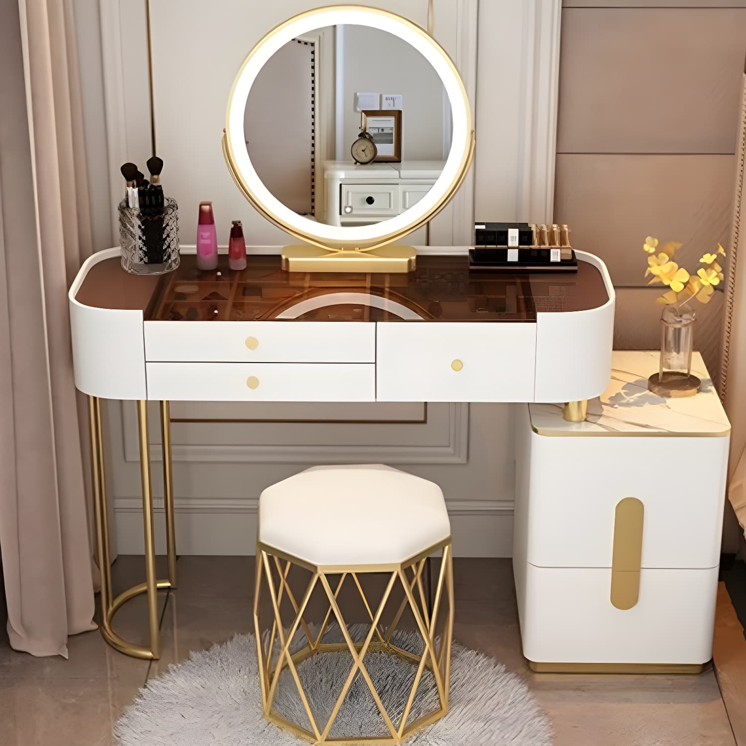 Contemporary Glass Top Vanity Dressing Table With 4/5 Drawers thumbnail 7