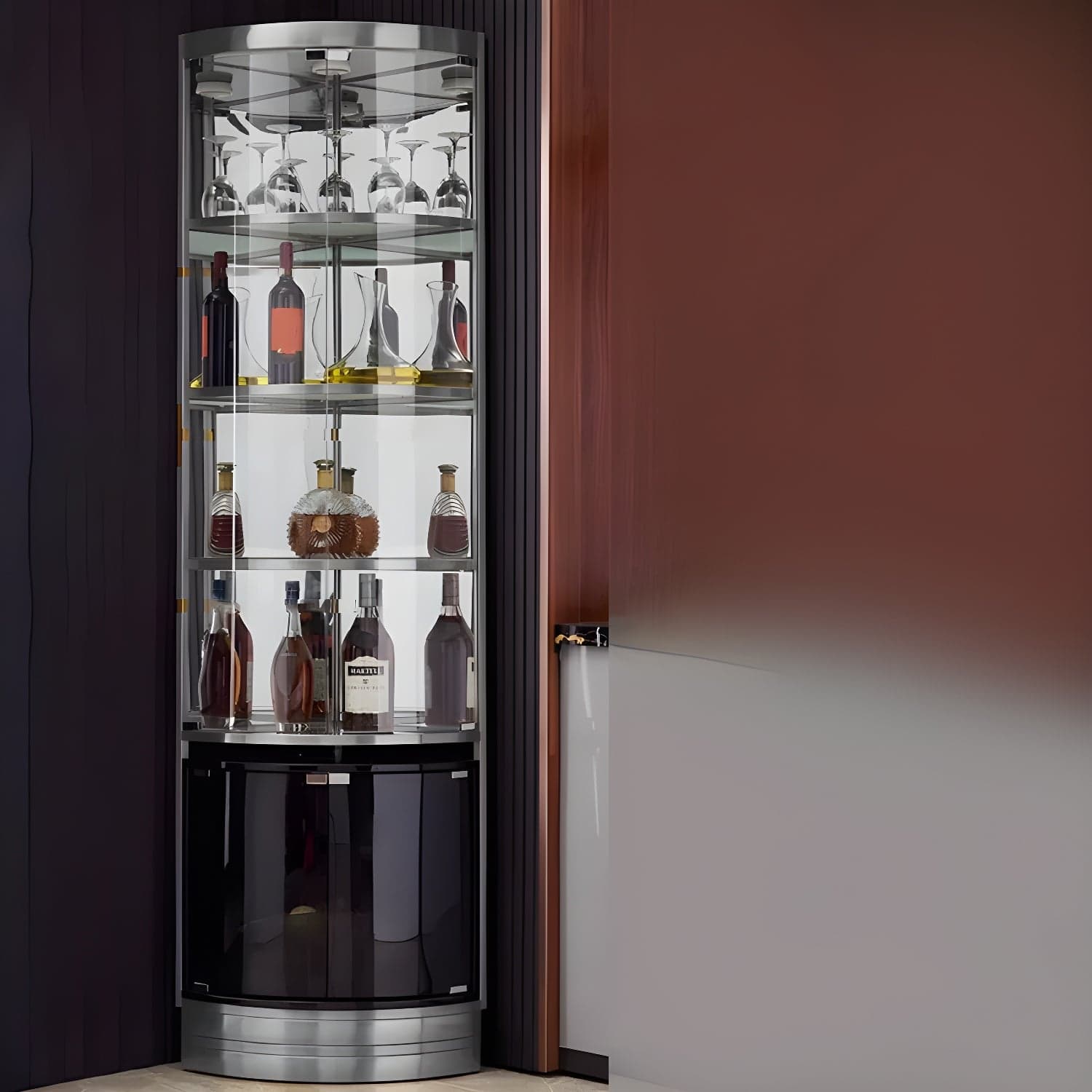 Corner Modern Accent Cabinet with Wood Counter Top, Glass Doors, and Metal Base thumbnail 7