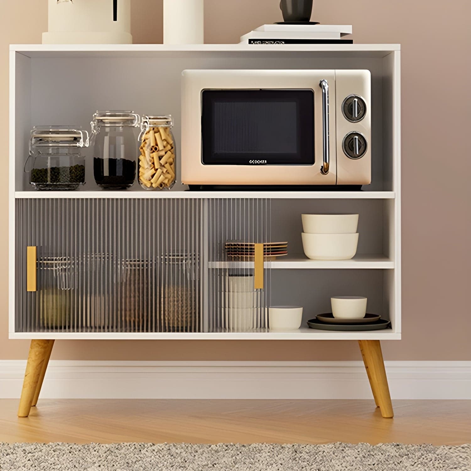 Scandinavian Wood Buffet Table with Acrylic Sliding Doors and Cabinet thumbnail 8