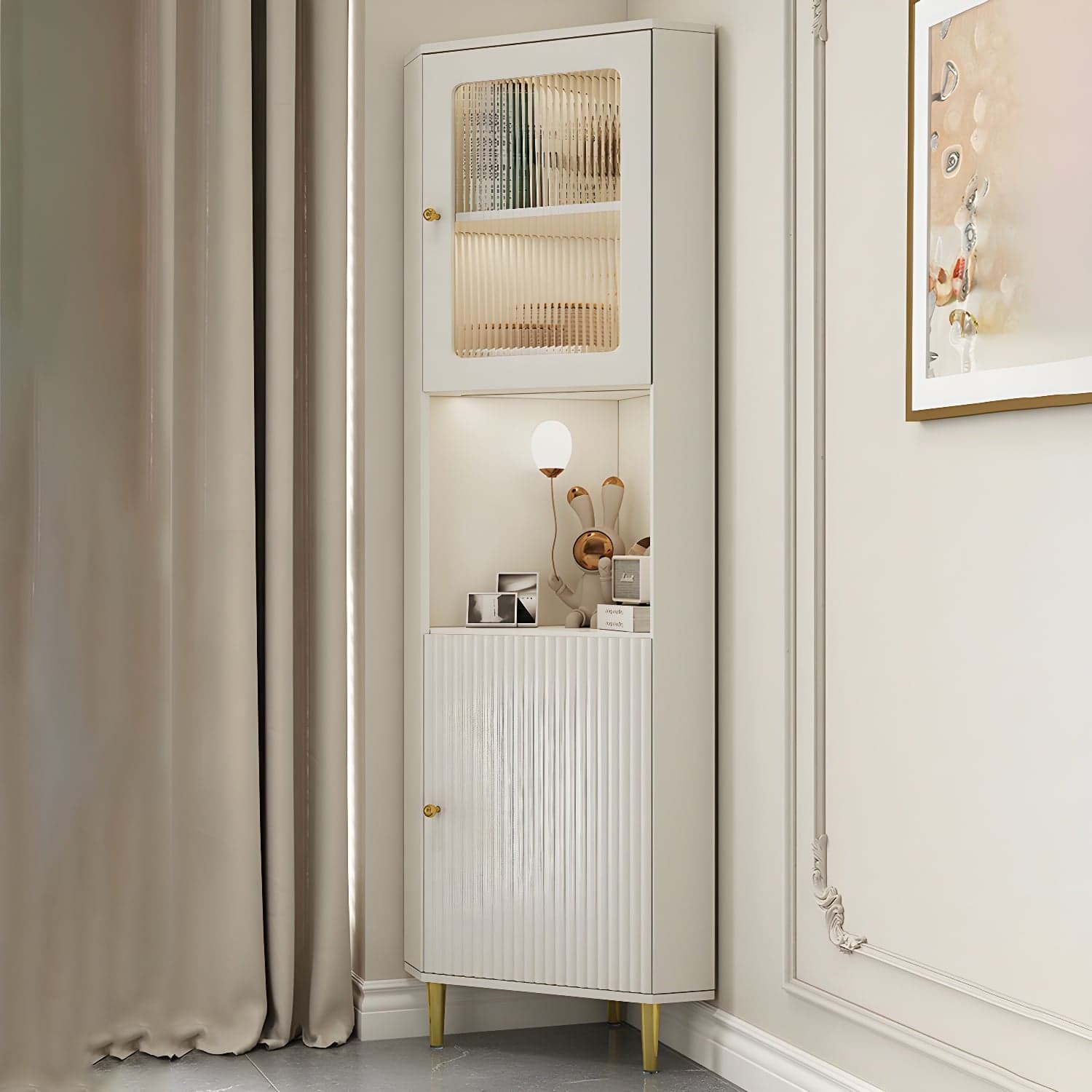 White Corner Modern Accent Cabinet with Stone Countertop, Glass Doors, and Cabinet Included