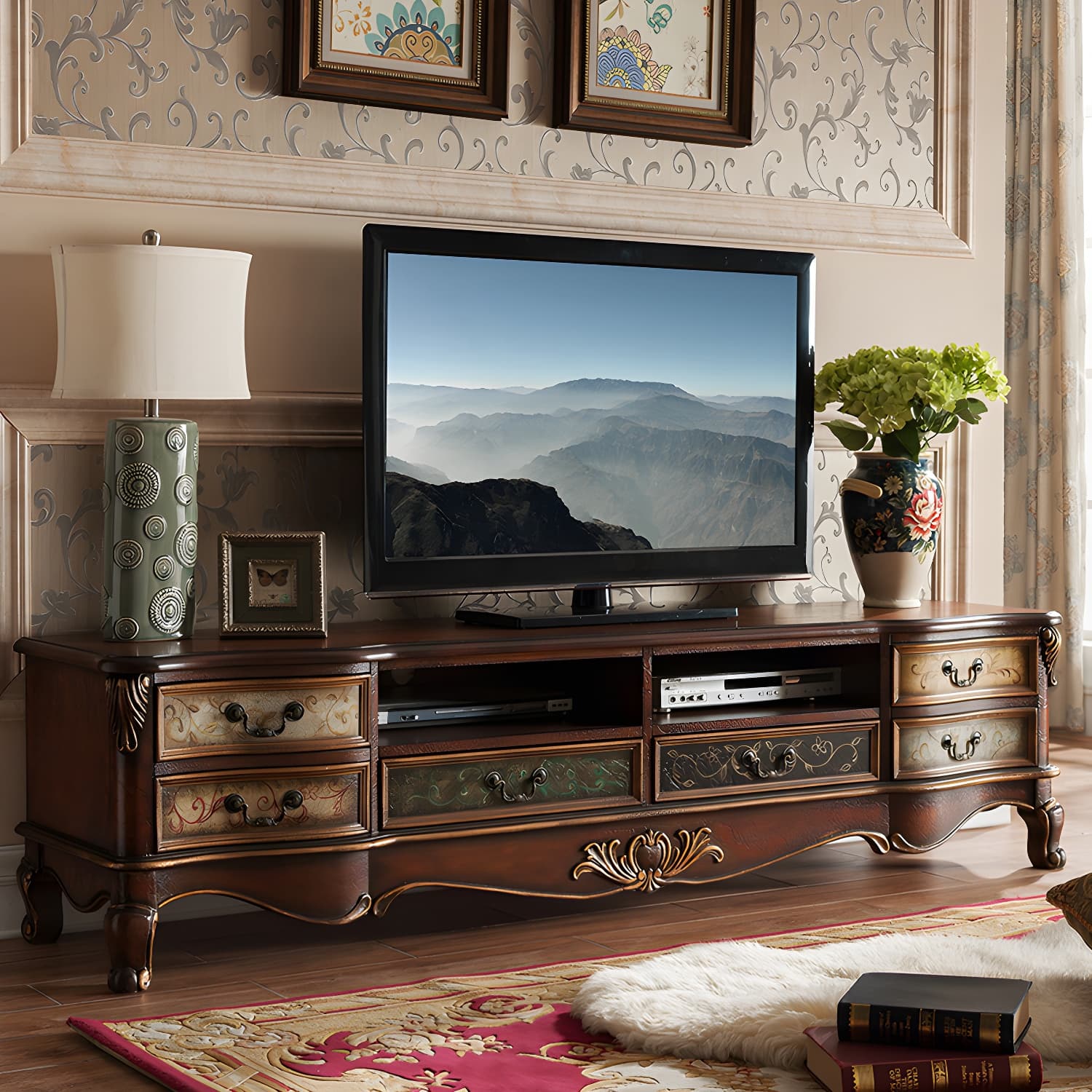Vintage Birch Wood Media Console Matte Finish TV Media Stand with Drawers and Open Storage thumbnail 8