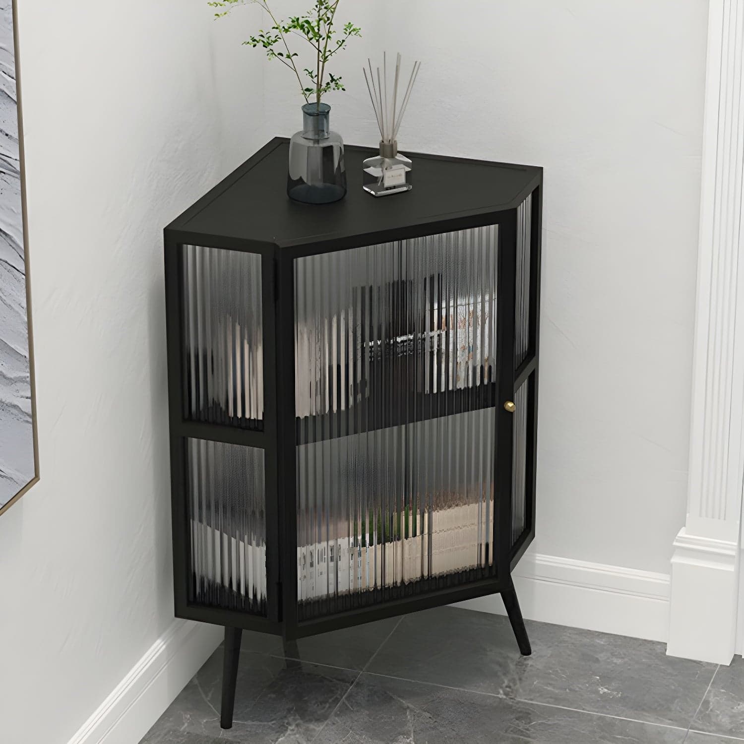 40cm Corner Modern Accent Cabinet with Glass Doors and Iron Base thumbnail 1