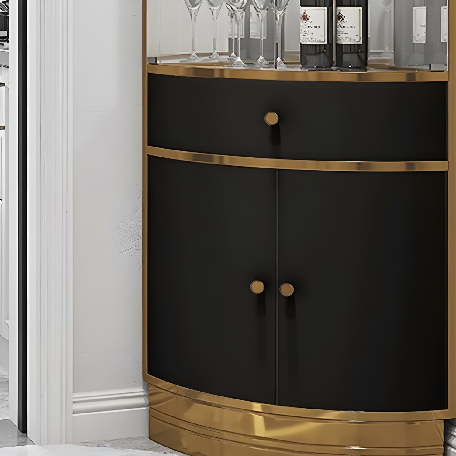 Corner Modern Accent Cabinet with Wood Counter Top, Glass Doors, and Metal Base thumbnail 11