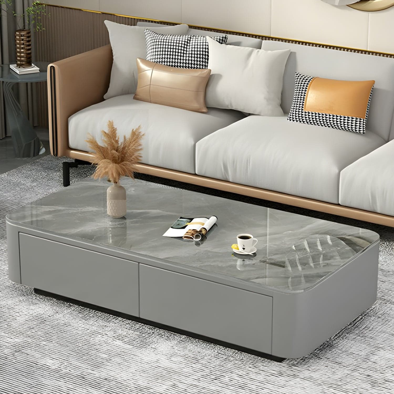 Modern Rectangular Coffee Table with Tempered Glass Top & Black Wood Base thumbnail 4