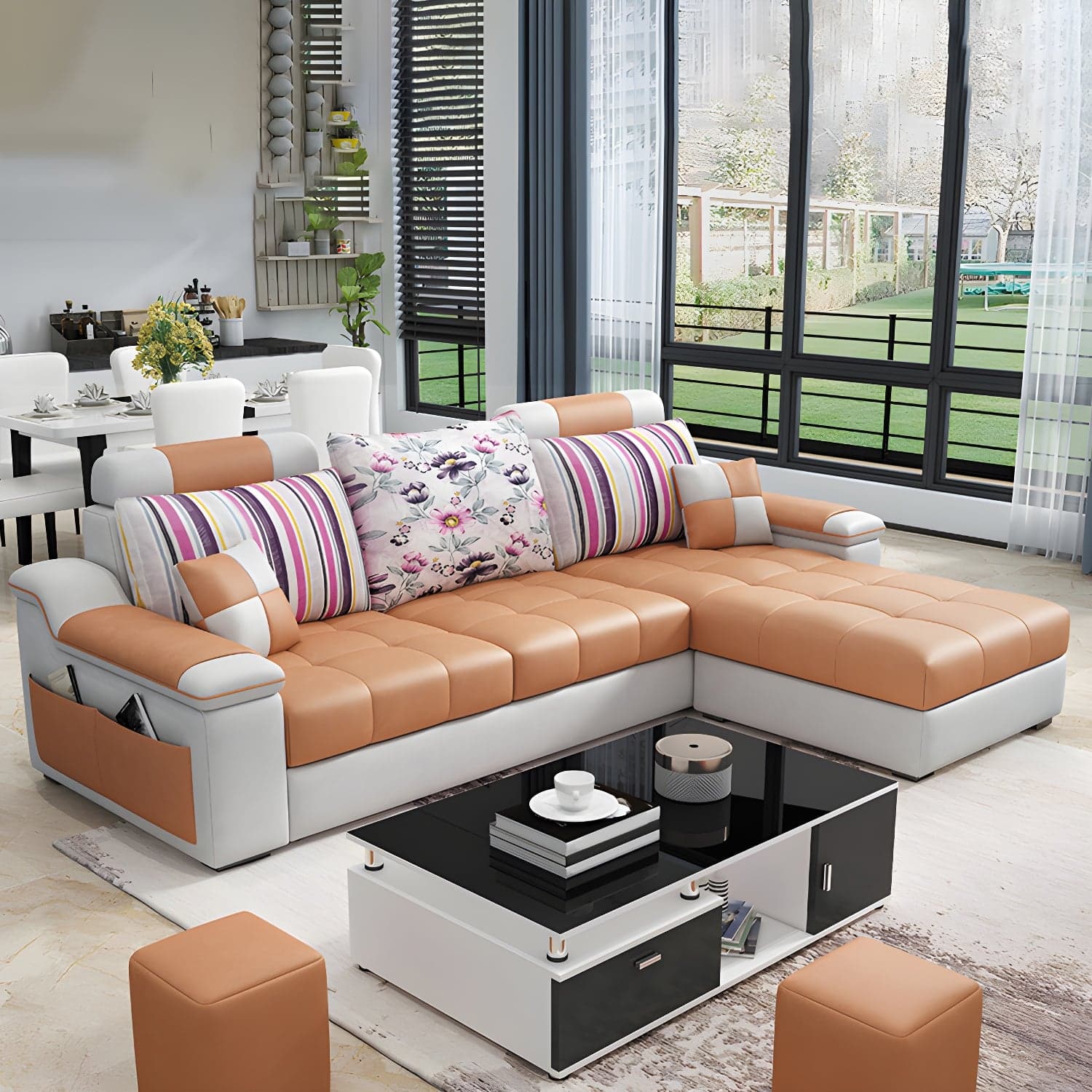 3-Seater Cotton Blend and Faux Leather L-Shape Sectionals Sofas thumbnail 9