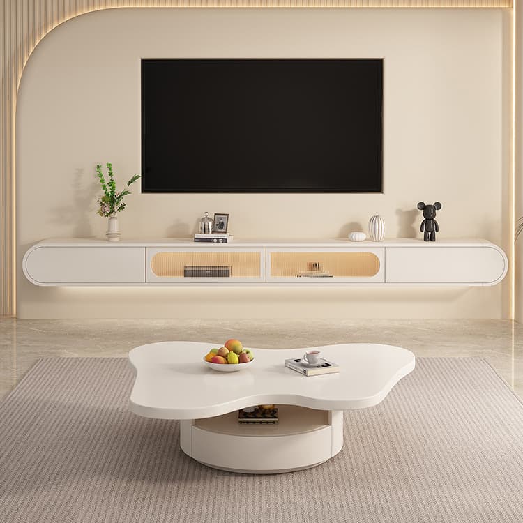 Beige Wood TV Stand with Drawers and Cabinet for Modern Style thumbnail 1