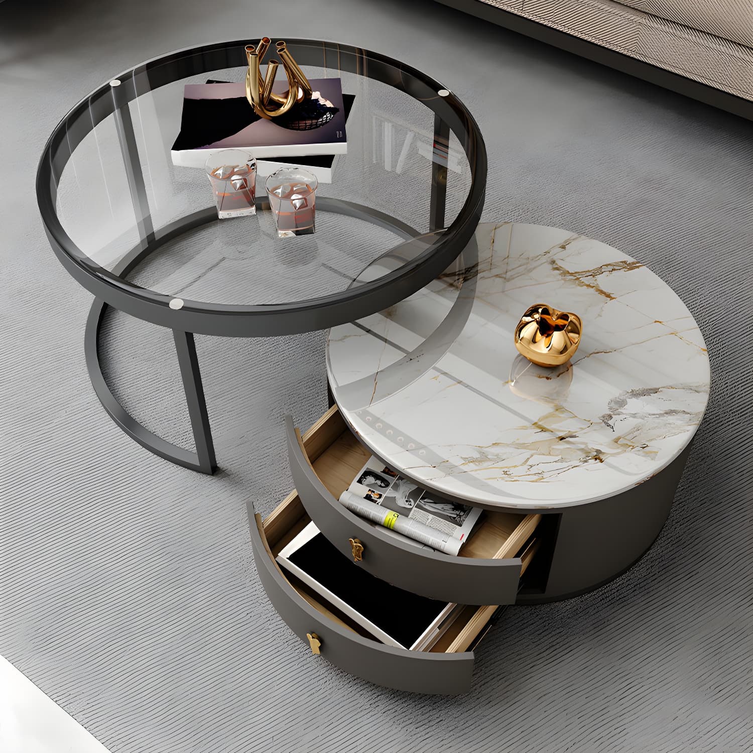 Modern Coffee Cocktail Table Round Nesting Coffee Table Set with Drawer thumbnail 9