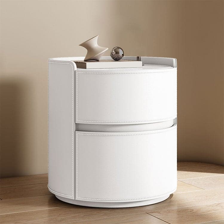 Chic Modern Round Nightstand with Light Wood Tone Faux Leather and Numerate Two Drawer Storage thumbnail 11