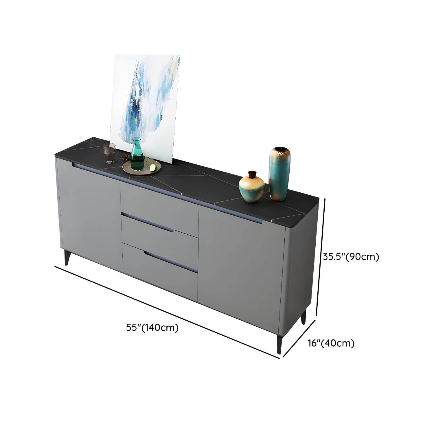 Modern Antique Finish Credenza 3 Drawer Sintered Stone Sideboard Cabinet thumbnail 21