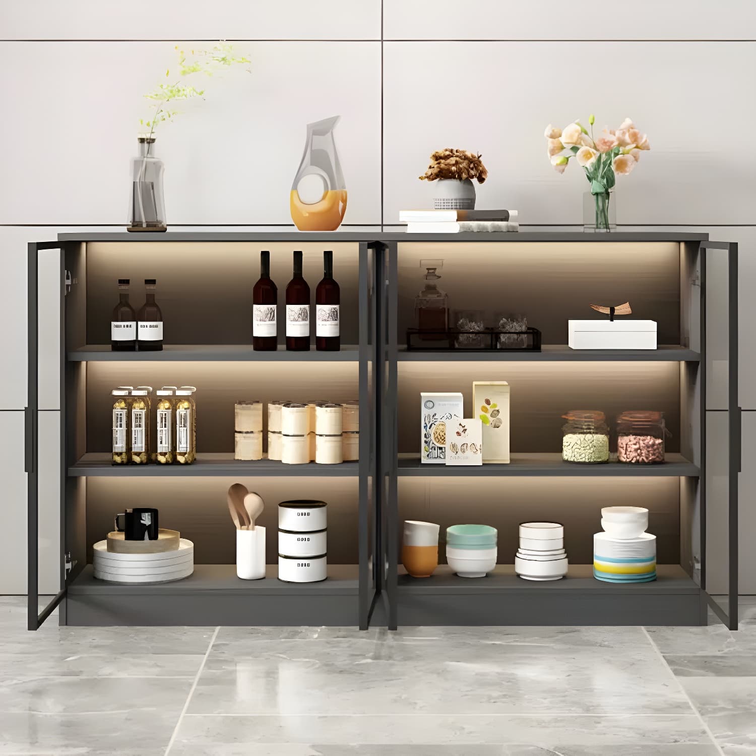 Black Modern Wood Sideboard Credenza with Glass Doors and Interior Shelves thumbnail 8