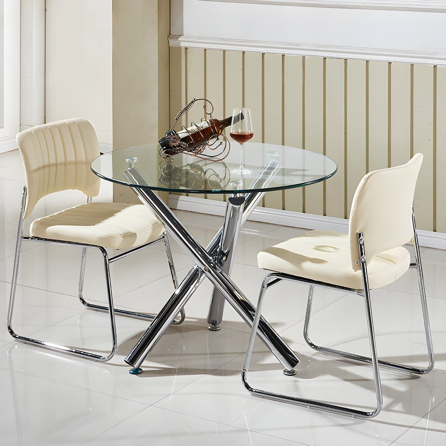 Modern Glass Round Dining Set with Three-Leg Metal Base - Clear, 36-inch Table thumbnail 1
