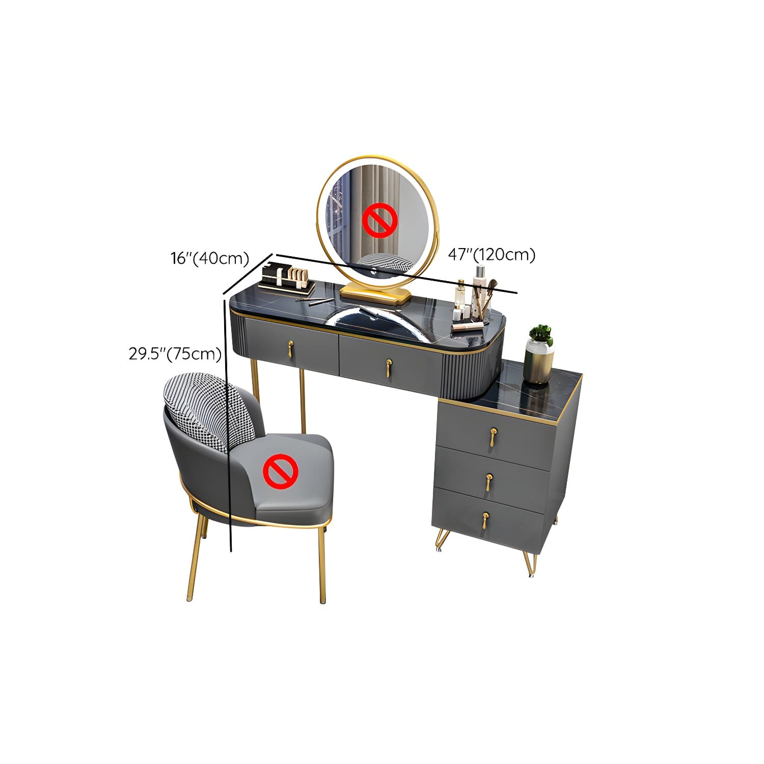 Gold Base Makeup Counter 15.74" Wide Vanity Tables with Storage Drawers thumbnail 36