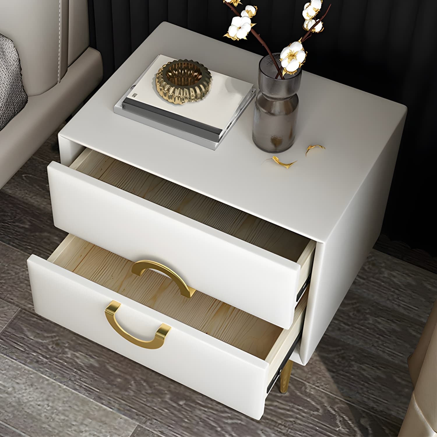 Glam Style Solid Wood Two Drawers Nightstand with Legs for Bedroom thumbnail 23