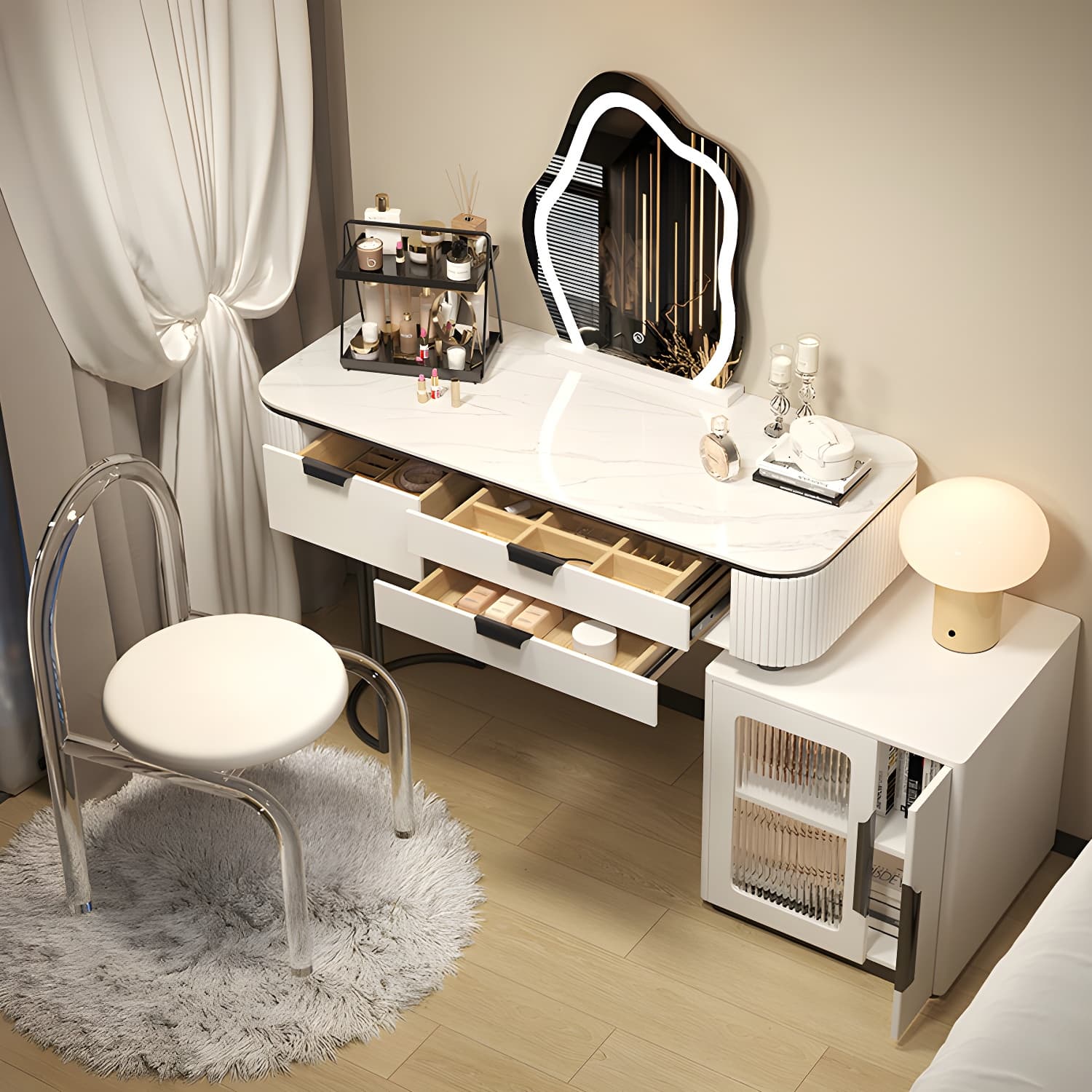 Contemporary Stone Top Vanity Table Set with Mirror and Stool Glam Slate Dressing Table thumbnail 7