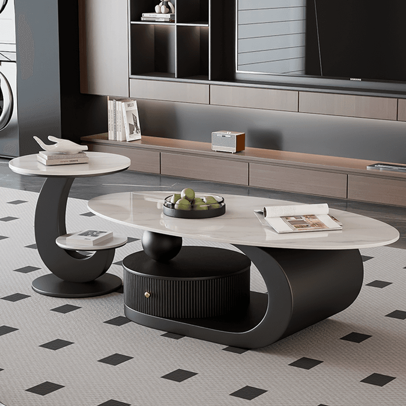 Modern Farmhouse Bunching/Single Coffee Table with Chalk Oval Slate Top, Plinth Base, and 1 Drawer thumbnail 3
