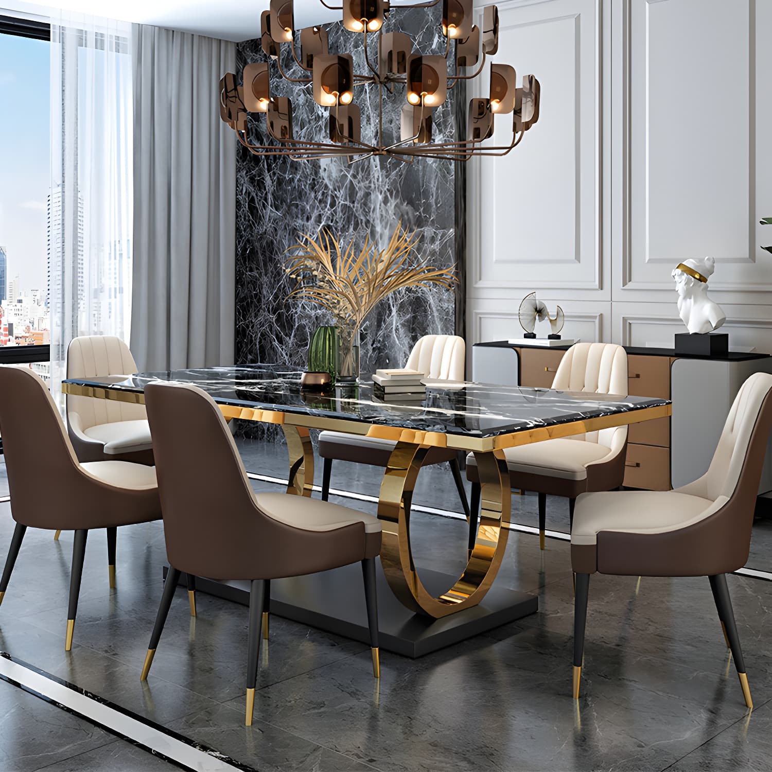 Modern 1/4/5/6/7 Pieces Black Dining Table Set with Marble Top Rectangle Dinette Set thumbnail 8