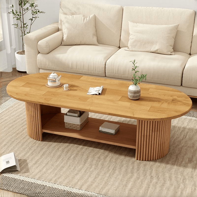 Oval Natural Wood Coffee Table with Twin Support Base, Repository, and 1 Shelf thumbnail 8
