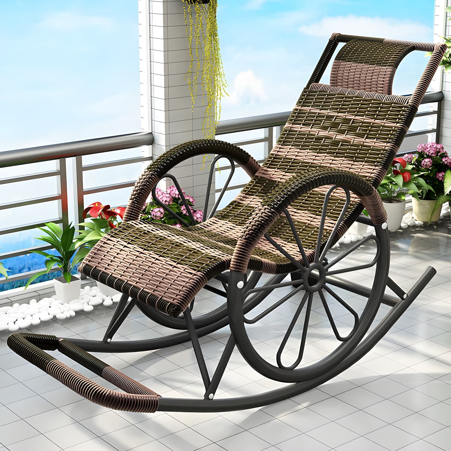 Modern Spindle Rattan Rocking Chair Metal Frame Wheel Handrail Design Rocker Chair thumbnail 3