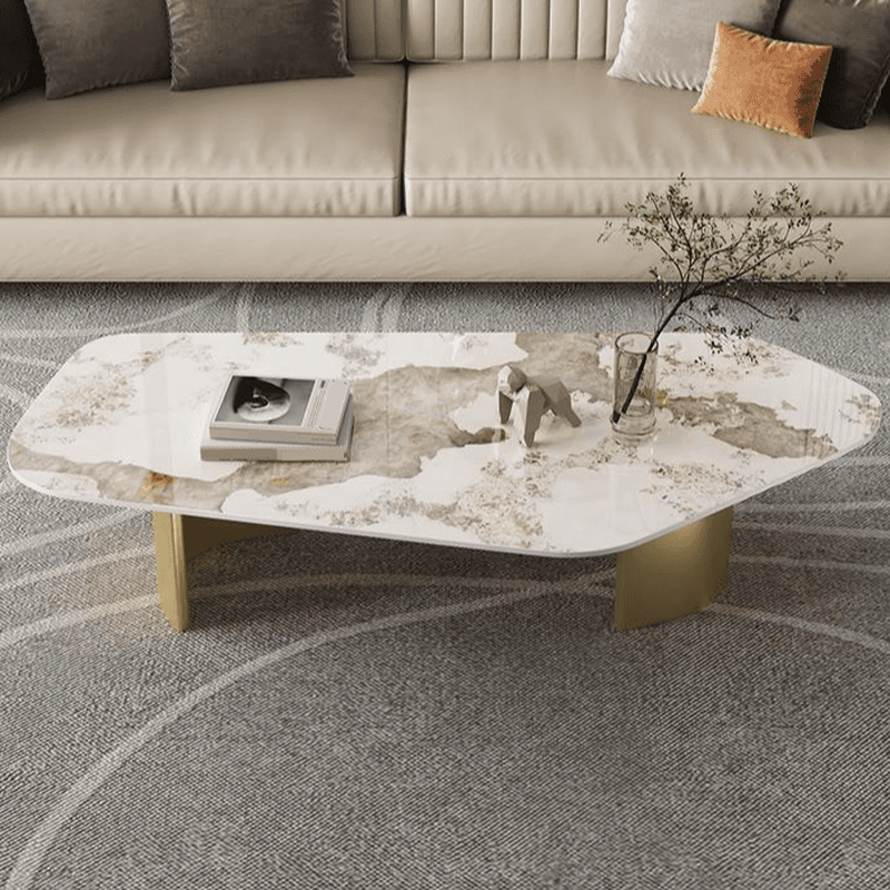 Modern Farmhouse Stone White Irregular Single Coffee Table with Twin Pedestal Base thumbnail 7