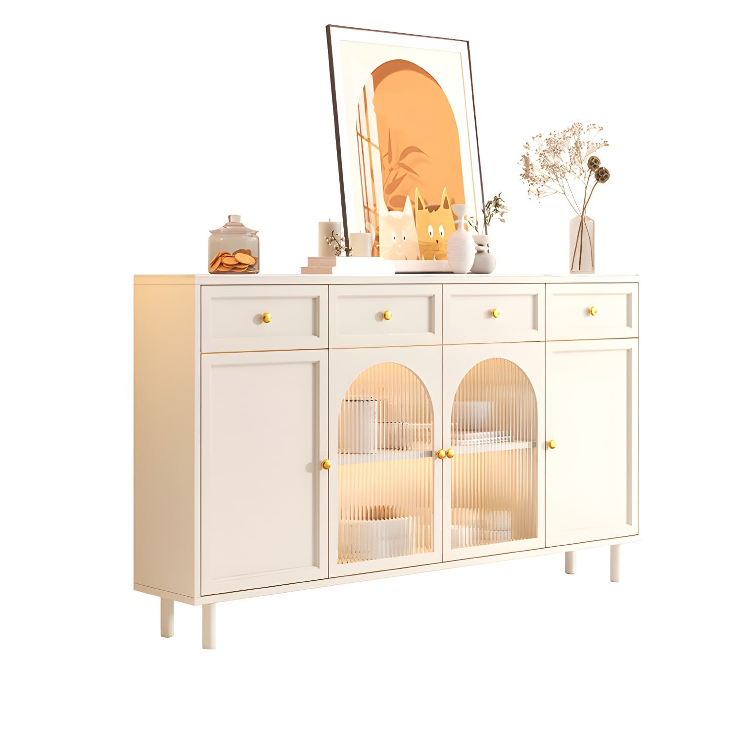 Wooden Buffet Server with Stone Countertop, Glass Doors, and Drawers thumbnail 8