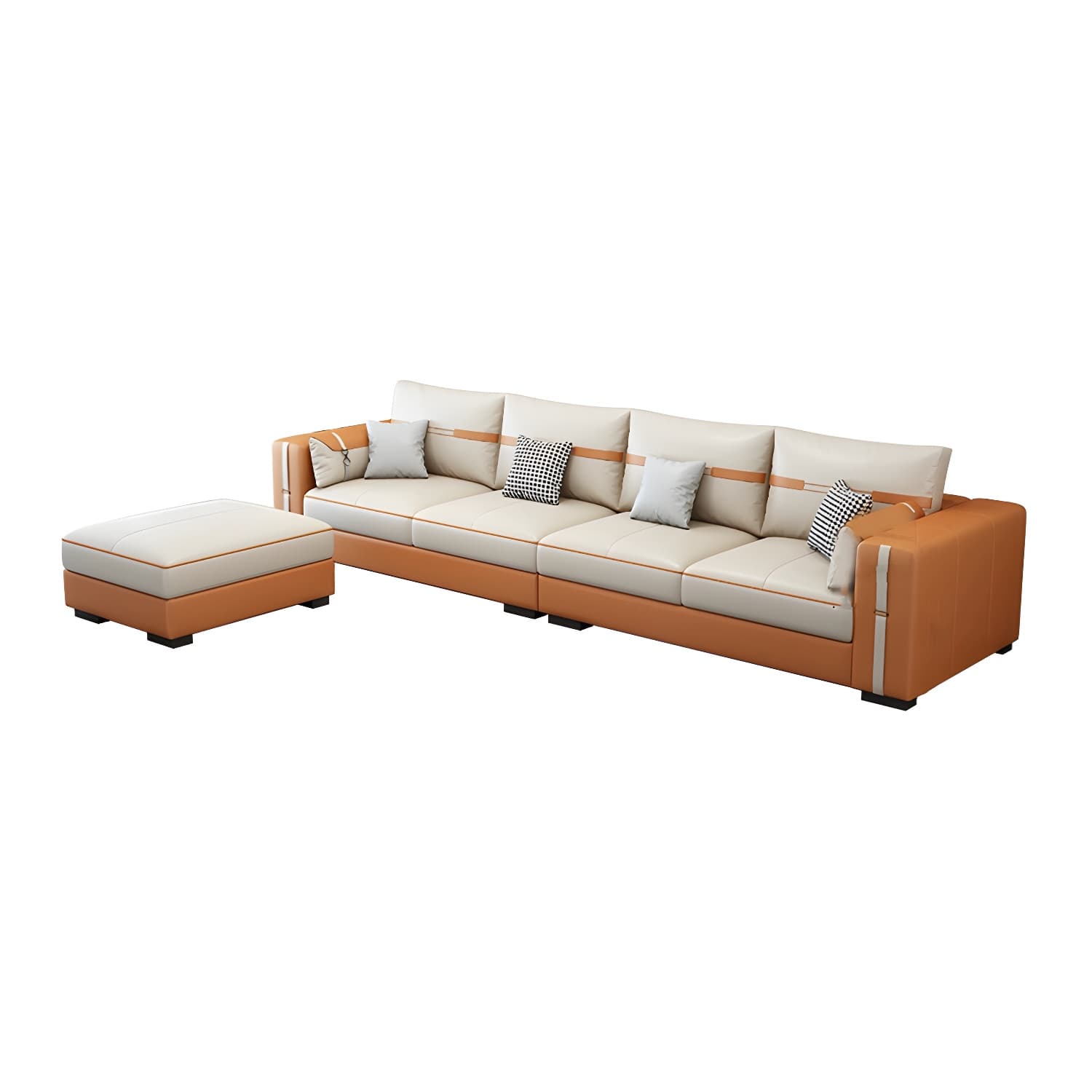 Scandinavian Wood Frame Beige Faux Leather Stationary Sectional Sofa with Cushion Back thumbnail 9