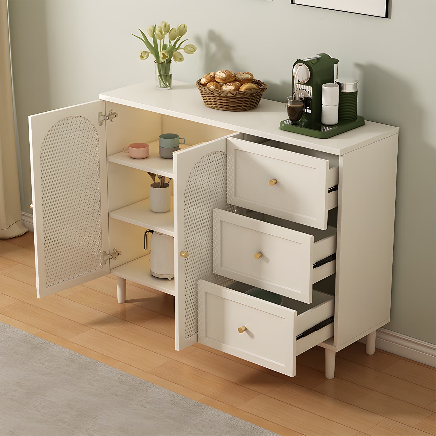 White Modern Sideboard Credenza with Cabinets and Shelves for Storage and Display thumbnail 3