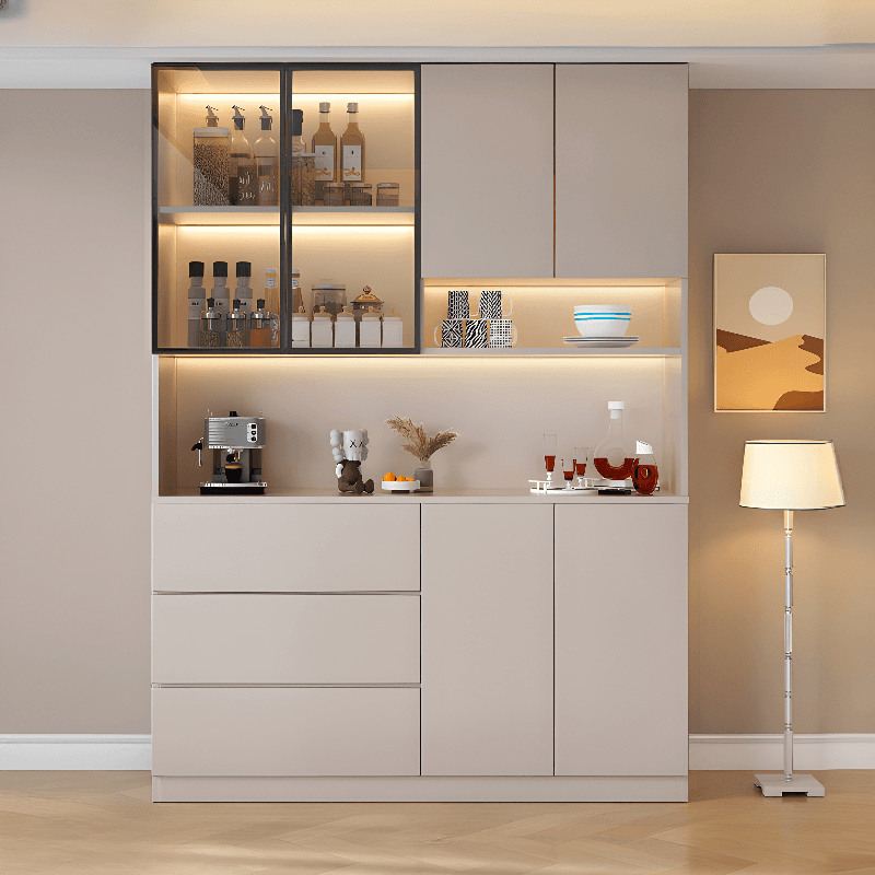 Modern Timber Countertop Server with Glazed Door Hutch, Narrow Size, Six Internal Shelves for Kitchen Cupboards thumbnail 3