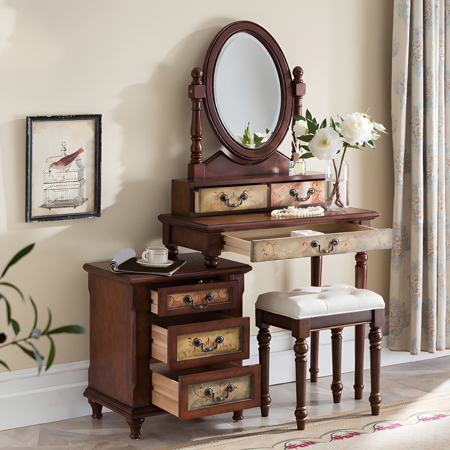 Victorian Vanity Set Solid Wood Drawers Included Makeup Dressing Table With Mirror & Stool thumbnail 6
