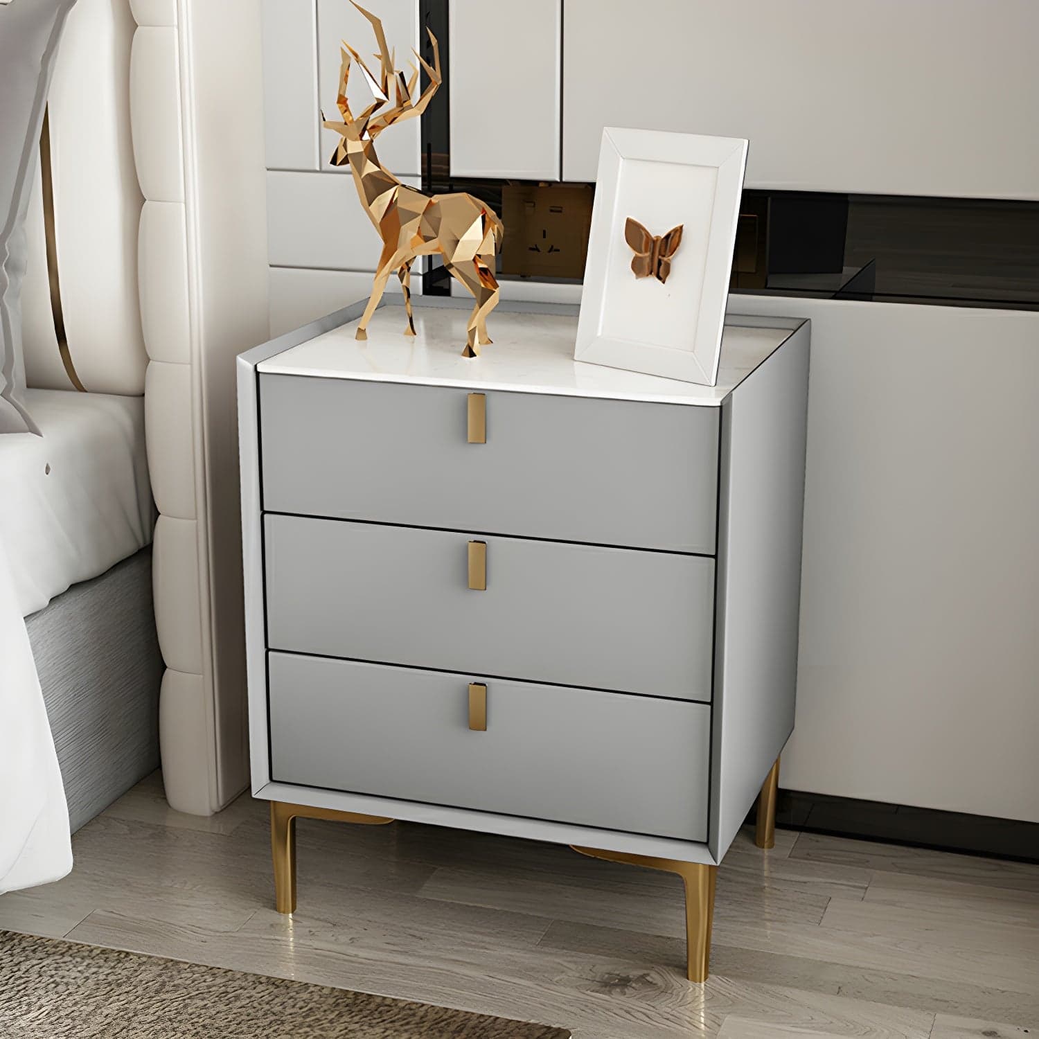 Glam Style Sintered Stone Top 3-Drawer Nightstand with Legs for Bedroom thumbnail 7