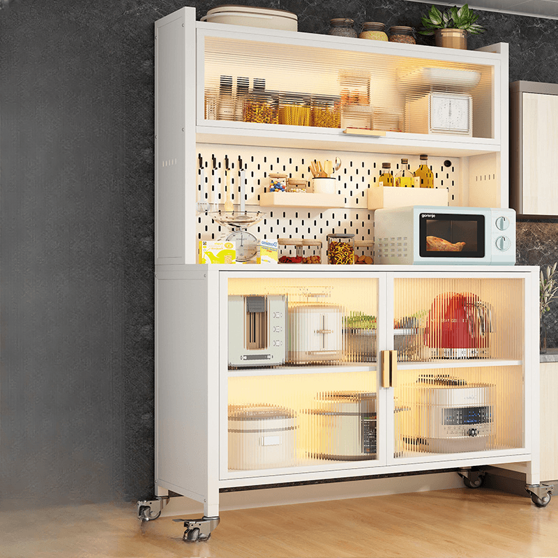 Mobile Sideboard with Caster Wheels, Steel Countertop, and Microwave Organizer