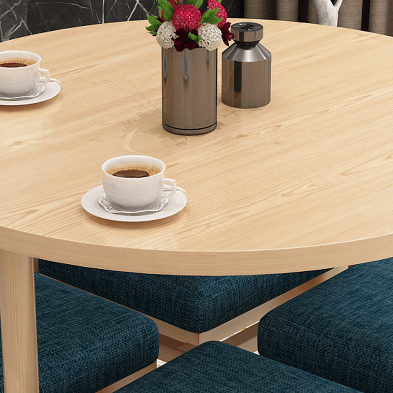Reclaimed Wood Round Dining Table Set with Metal Toboggan Base and Upholstered Backless Chairs for 4 People thumbnail 12