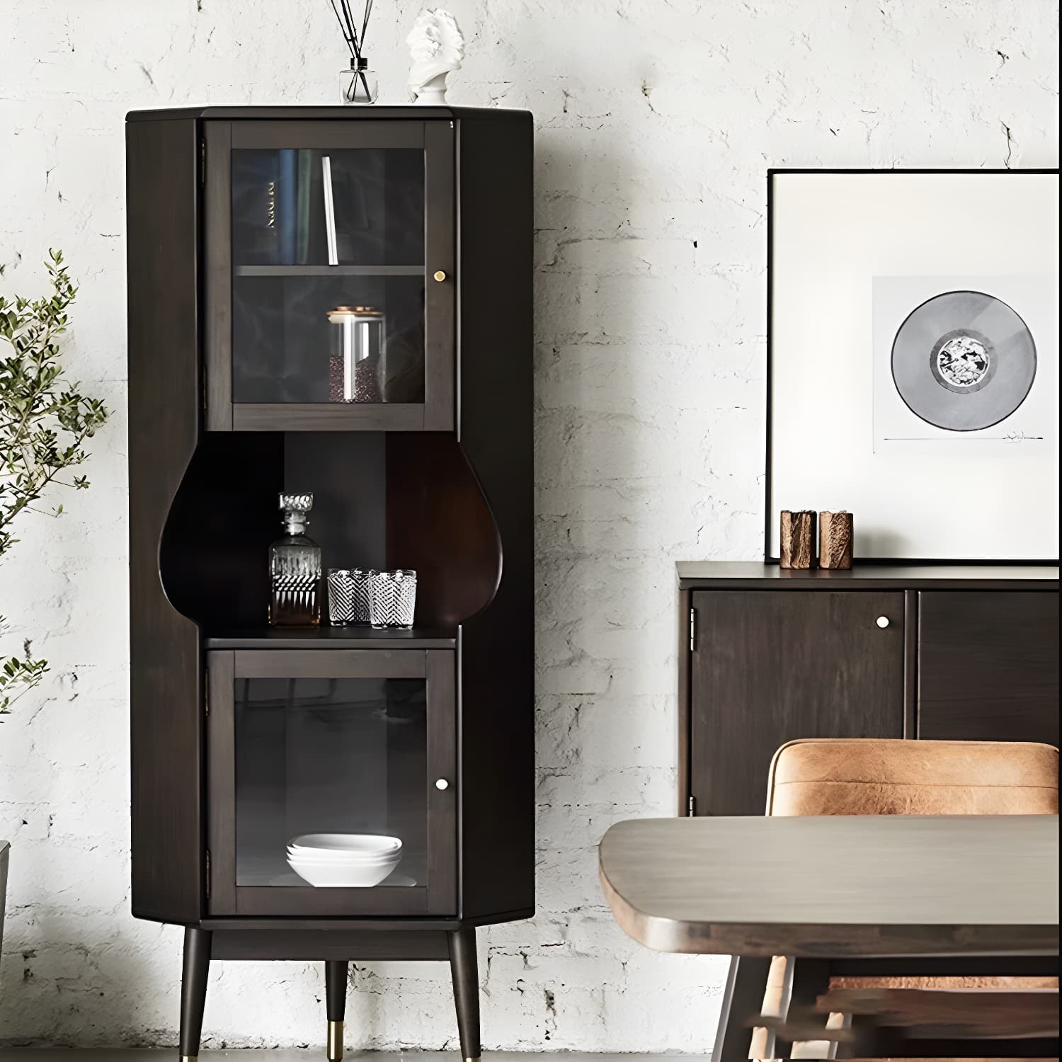 Corner Mid-Century Modern Accent Cabinet with Wood Countertop, Glass Doors, and 5 Shelves thumbnail 4