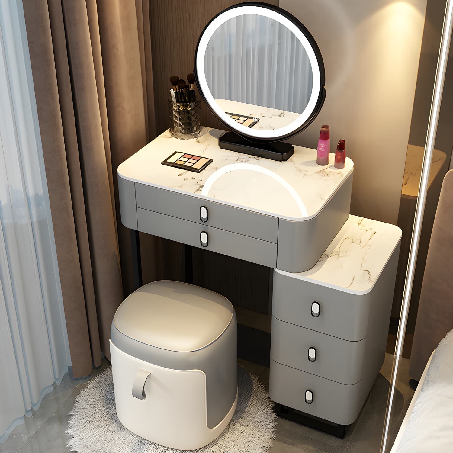 Stone Top Vanity with Storage Drawers Makeup Vanity Desk with Stool and Mirror thumbnail 8