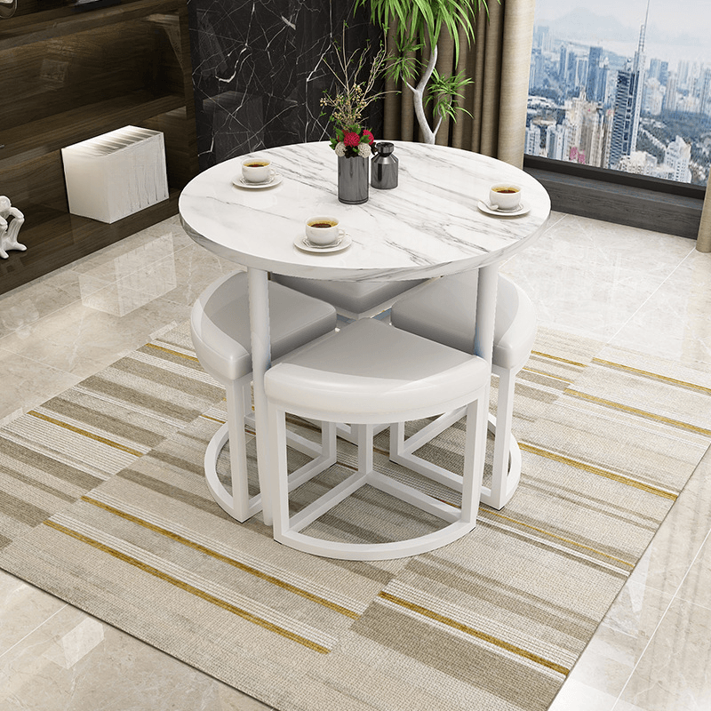 Reclaimed Wood Round Dining Table Set with Metal Toboggan Base and Upholstered Backless Chairs for 4 People thumbnail 26