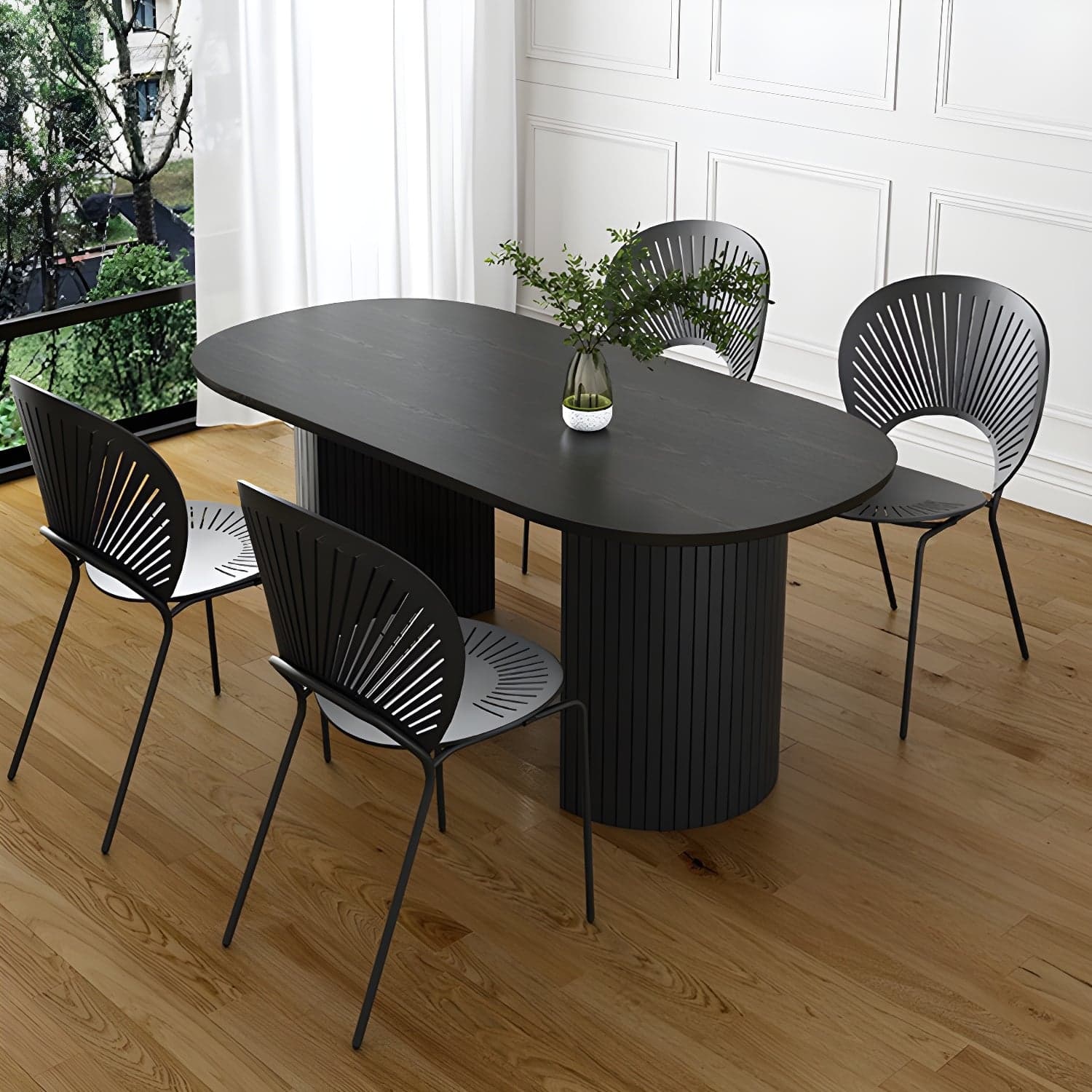 Modern Oval Dinette Table Sintered Stone Top Black Steel Double Pedestal Table thumbnail 1
