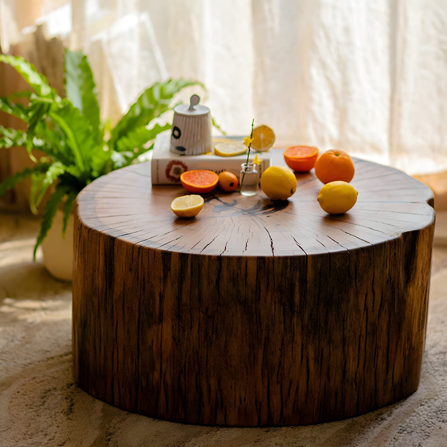 Round Wood Mid-Century Modern Coffee Table with Drum Base and Distressed Finish thumbnail 5