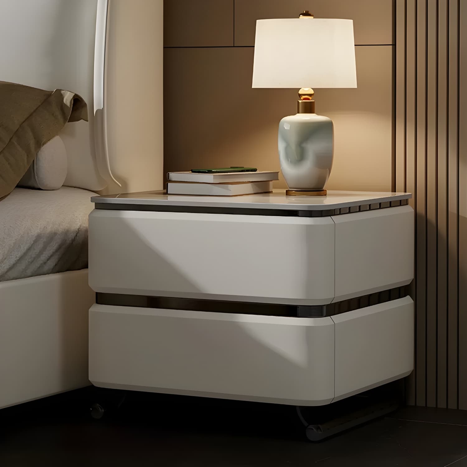 Small Modern Faux Leather Nightstand with Drawer Storage in Stone Finish thumbnail 2