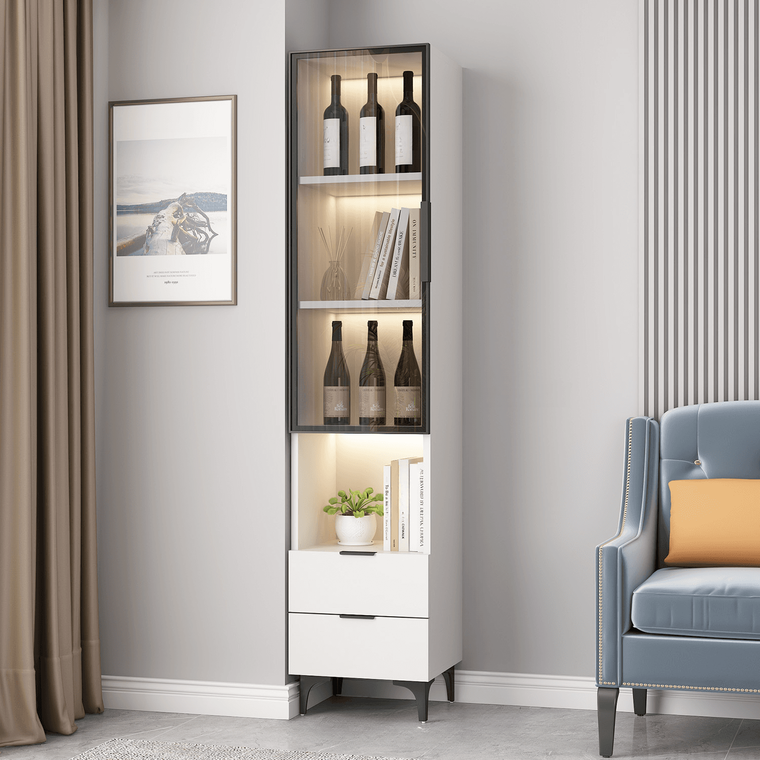 Rectangle Utility Cabinet with Locker, Glass Door, Pull Bars, White/Espresso/Off White Top, Soft Close Drawer, and Light thumbnail 3